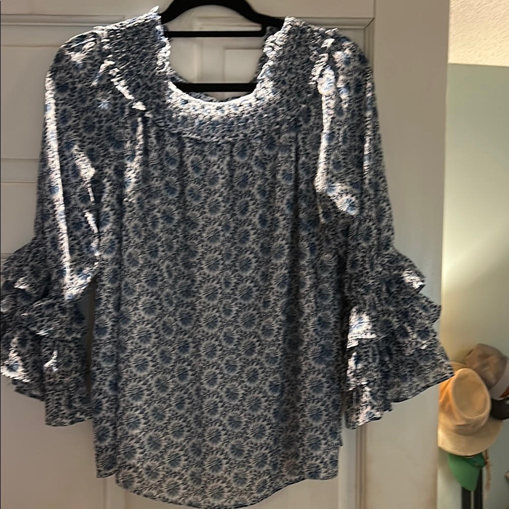 CeCe Navy Patterned Ruffle Blouse